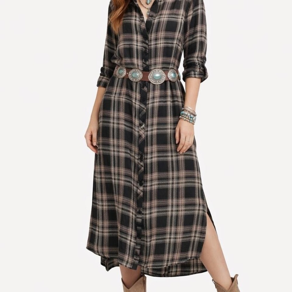 Cloth & Stone Plaid Maxi Shirt Dress Button Front 100%‎ Cotton Size S